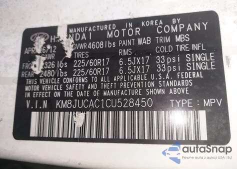 2012 Hyundai Tucson Gls z USA, uszkodzony, nr VIN KM8JUCAC1CU528450